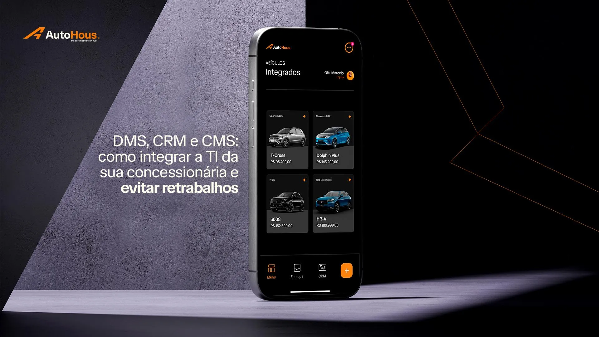 Celular exibindo a lista de veículos integrados no aplicativo da AutoHous