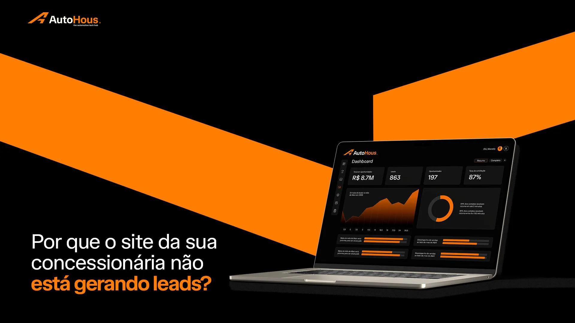 Notebook exibindo o painel da AutoHous com indicadores de leads, oportunidades e satisfação