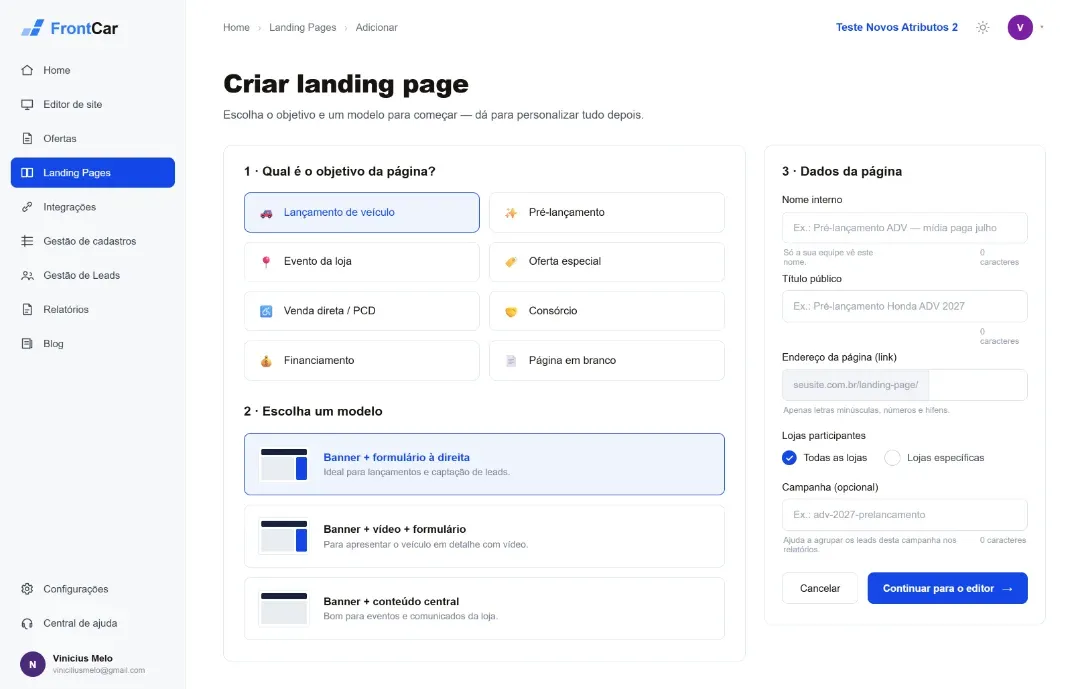Tela do FrontCar para criar uma landing page, com escolha de objetivo, modelo e dados da página.