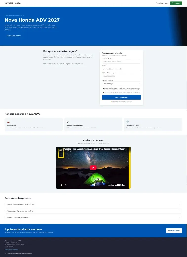 Landing page publicada pelo FrontCar, com banner de lançamento e formulário de cadastro.