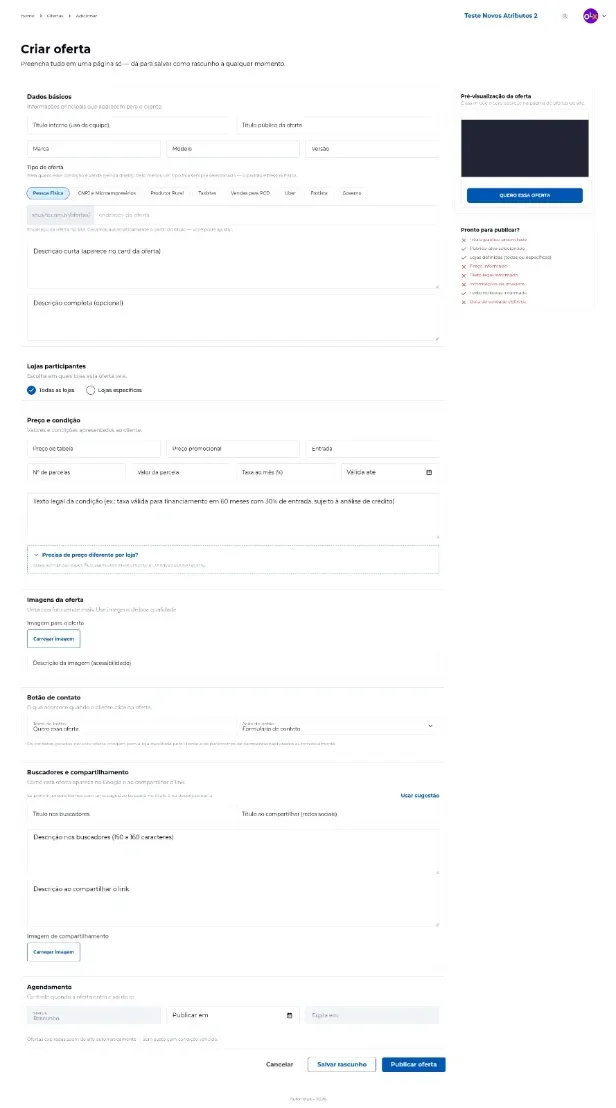 Tela de cadastro de oferta no FrontCar, com dados básicos, público e pré-visualização.